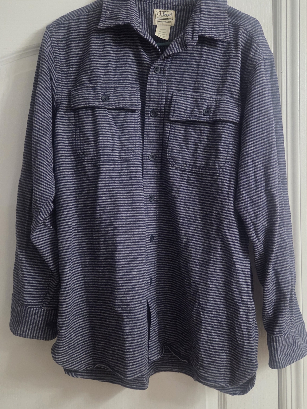 LL BEAN Blue Striped L/S Button Down Chamois Cloth Flannel Shirt Size M